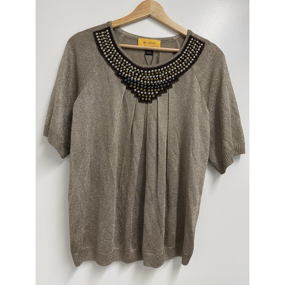 St. John Women's Embellished Knit Top Gold Metallic Blouse Size S New with tags